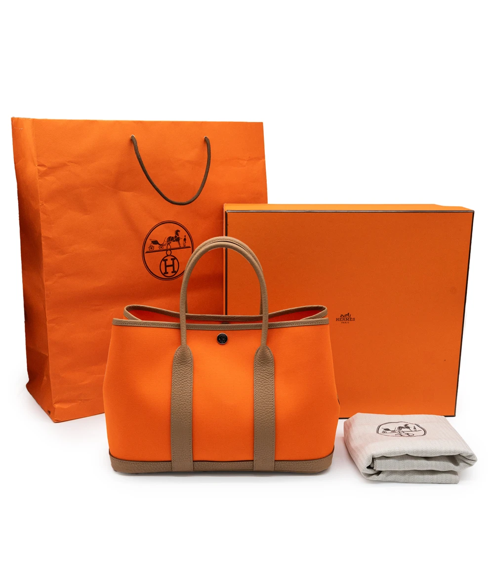Hermes 2023 (Stamp B) Bicolor Orange Canvas and Biscuit Negonda Leather Garden Party Size 30 TPM Bag with Palladium Hardware