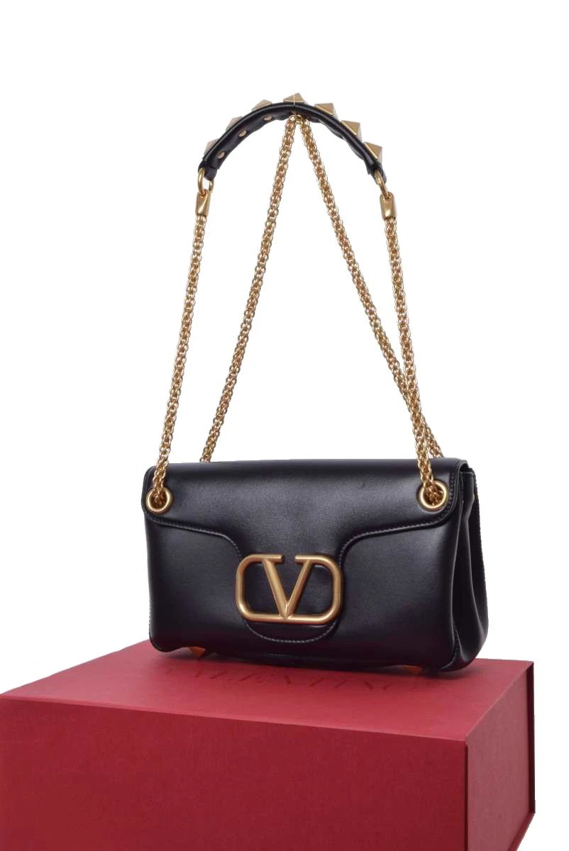 Valentino Black Leather VLogo Sign Shoulder Bag