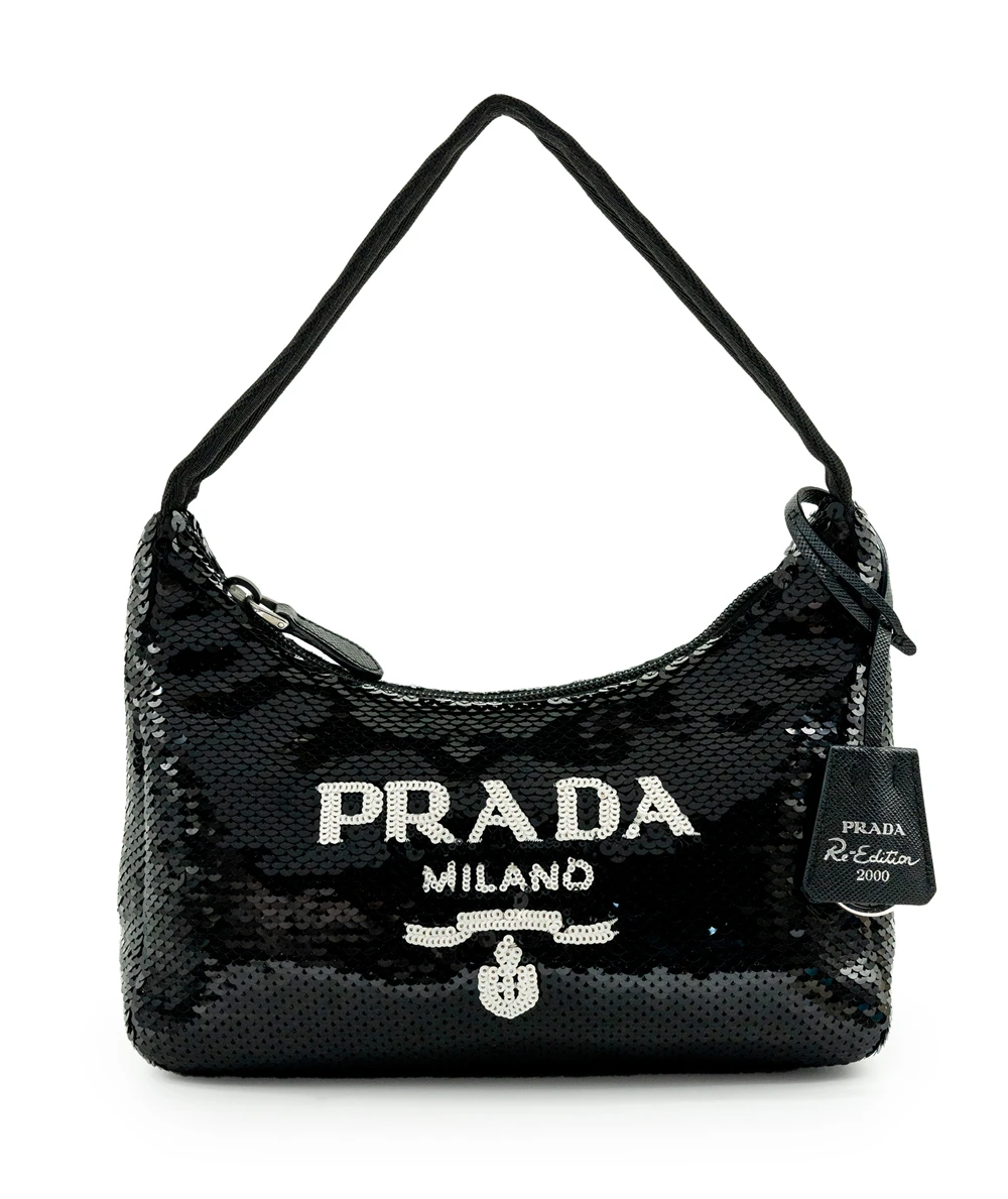 Prada Black  White Re-Edition 2000 Sequinned Mini Shoulder Bag
