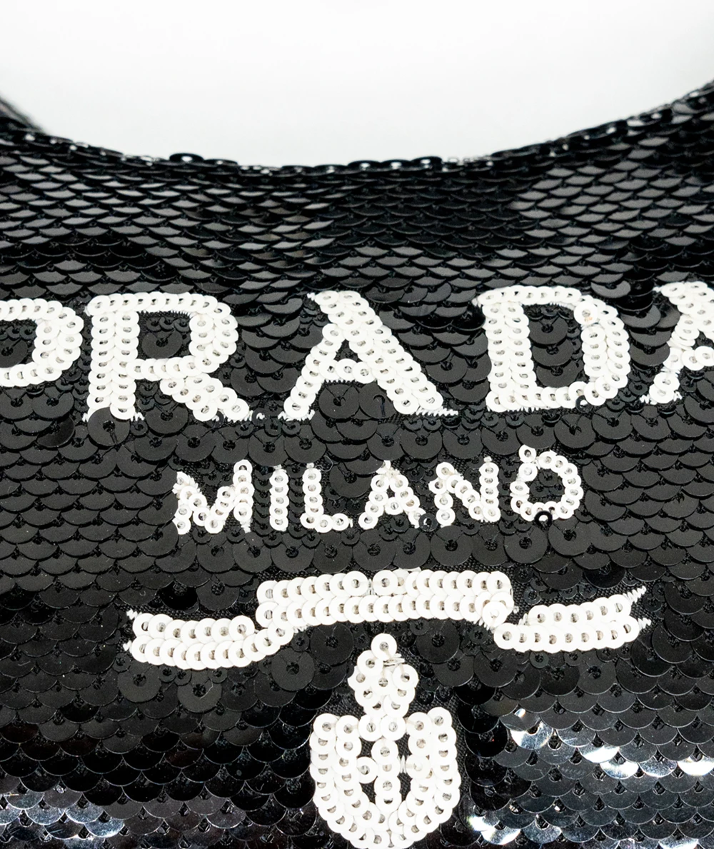 Prada Black  White Re-Edition 2000 Sequinned Mini Shoulder Bag